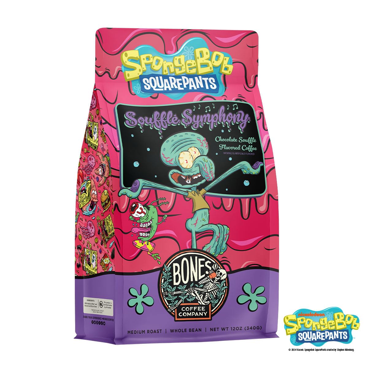 Bones Coffee Company Spongebob Soufflé Symphony, Chocolate Soufflé Flavored Whole Coffee Beans, Low Acid Medium Roast Arabica Beans Flavored Coffee, 12 oz Whole Bean