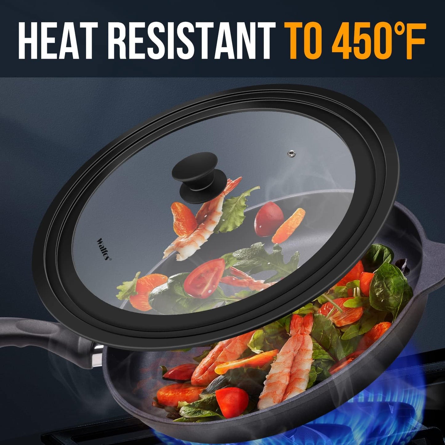 Walfos Universal Lid for Pots, Pans and Skillets - Tempered Glass with Heat Resistant Silicone Rim, Fits 13", 14" and 15" Diameter Cookware