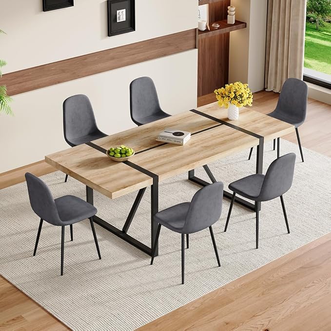 86.6" Dining Table Set for 6, Modern 7 Piece Wood Kitchen Table and Chairs Set, Rectangle Dining Room Table with 6 Linen Fabric Upholstered Chairs, Ideal for Apartment, Kitchen, Dining Room