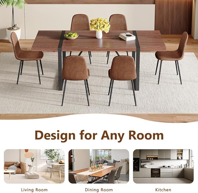 86.6" Dining Table Set for 6, Modern 7 Piece Wood Kitchen Table and Chairs Set, Rectangle Dining Room Table with 6 Upholstered Suede Chairs, Ideal for Apartment, Kitchen, Dining Room