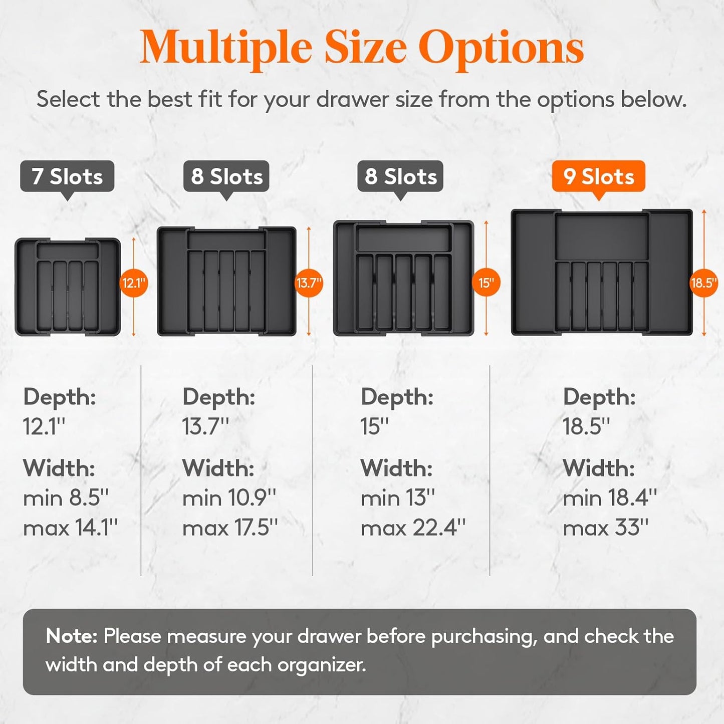 Lifewit Silverware Drawer Organizer, Expandable from 18.7 to 33 inches, Adjustable Utensil Tray for Kitchen, Large Cutlery Holder, Plastic Flatware Storage for Spoons Forks Knives, Black