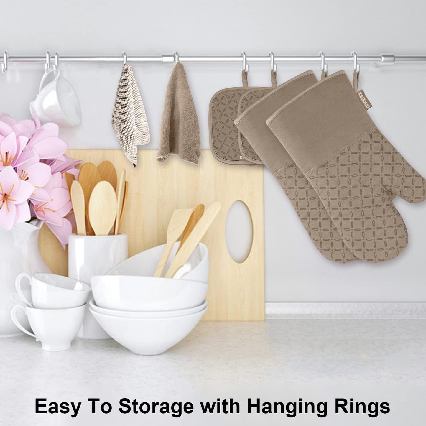 KEGOUU Oven Mitts and Pot Holders 6pcs Set, Kitchen Oven Glove High Heat Resistant 500 Degree Extra Long Oven Mitts and Potholder with Non-Slip Silicone Surface for Cooking (Khaki)