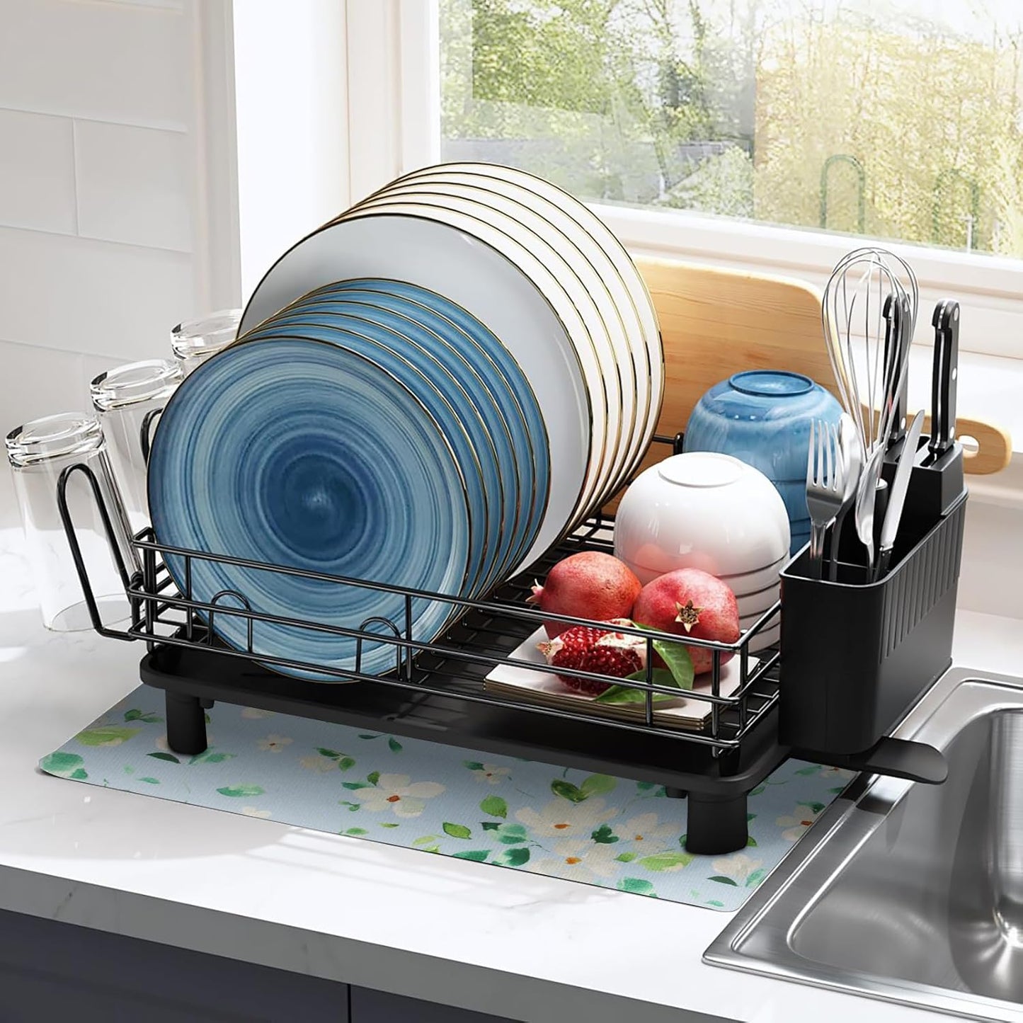 2 Pack Jasmine Dish Drying Mats For Kitchen Counter, Floral Print Dish Drying Mat - 20x15 inches, Absorbent Kitchen Counter Drying Mat, Dish Mat, Fast Drying