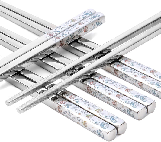 Stainless Steel Chopsticks, Titanium Plated Metal Chopsticks, 9.8" Premium Japanese Korean Color Laser Engraved Cooking Chop Sticks, Dishwasher Safe, Reusable, Anti-slip, Anti-scald, 2 Pairs Gift Set