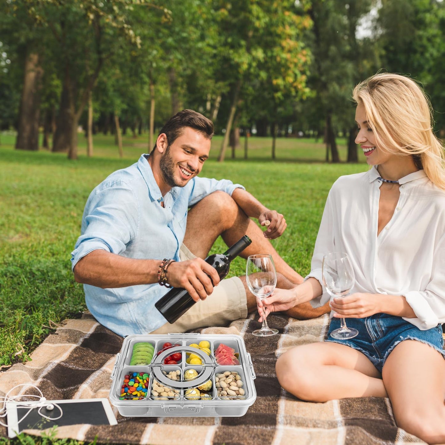 Divided Serving Tray with Lid and Handle,8 Compartments Snacks Box,Snack Fruit and Veggie Tray,Portable Platter for Candy Fruits Nuts Snack Party Entertaining Picnic (1 PCS Grey)