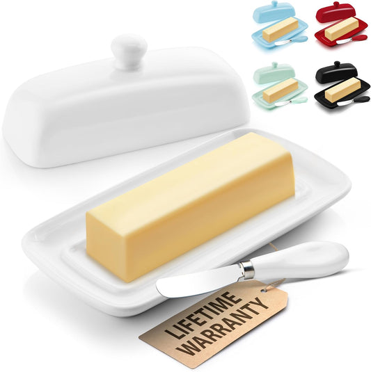Zulay Butter Dish With Lid For Countertop - Porcelain White, Ceramic Butter Dish with Knob Handle Great for Cooking - Elegant Design Butter Holder - Durable & Sturdy Butter Keeper - White
