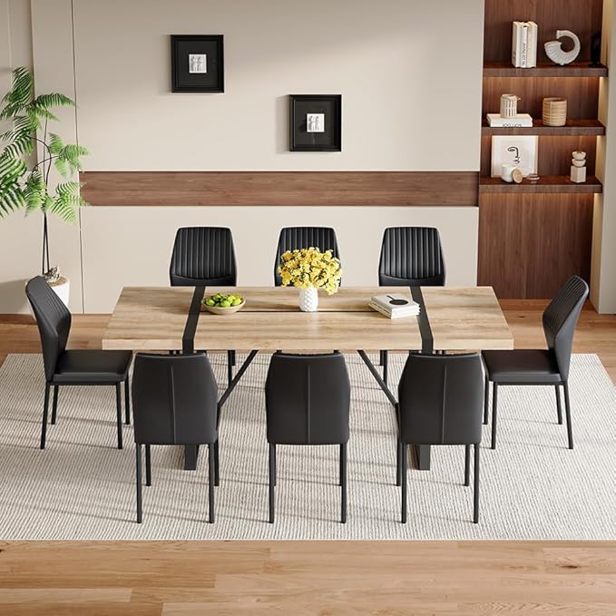 86.6" Dining Table Set for 8, Modern 9 Piece Wood Kitchen Table and Chairs Set, Rectangle Dining Room Table with 8 PU Leather Upholstered Chairs, Ideal for Home, Kitchen, or Apartment Dining