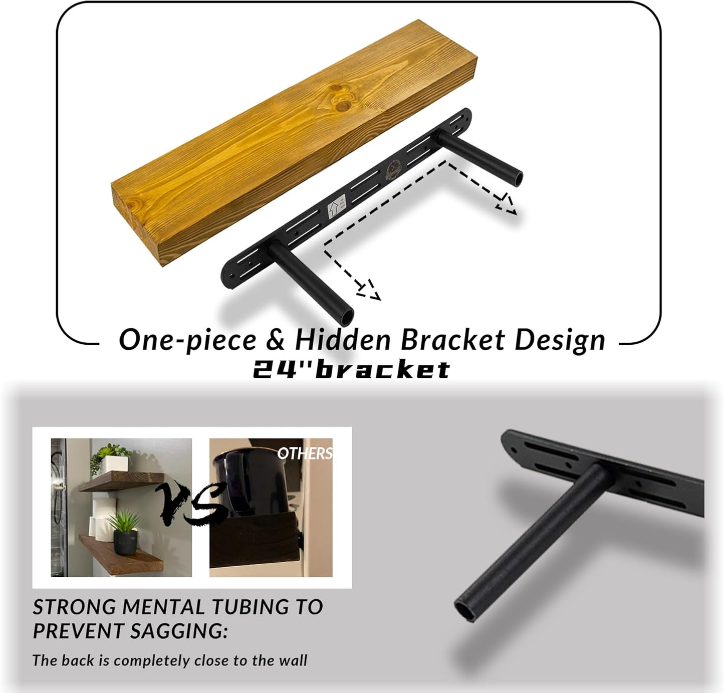 Rustic Floating Shelves 24 inch Long 8 inch deep Set of 2, Solid Wood Wall Shelves for Bedroom Living Room Kitchen,Book Shelf for Wall, Wall Mounted Shelves with Hidden Bracket- Golden Oak