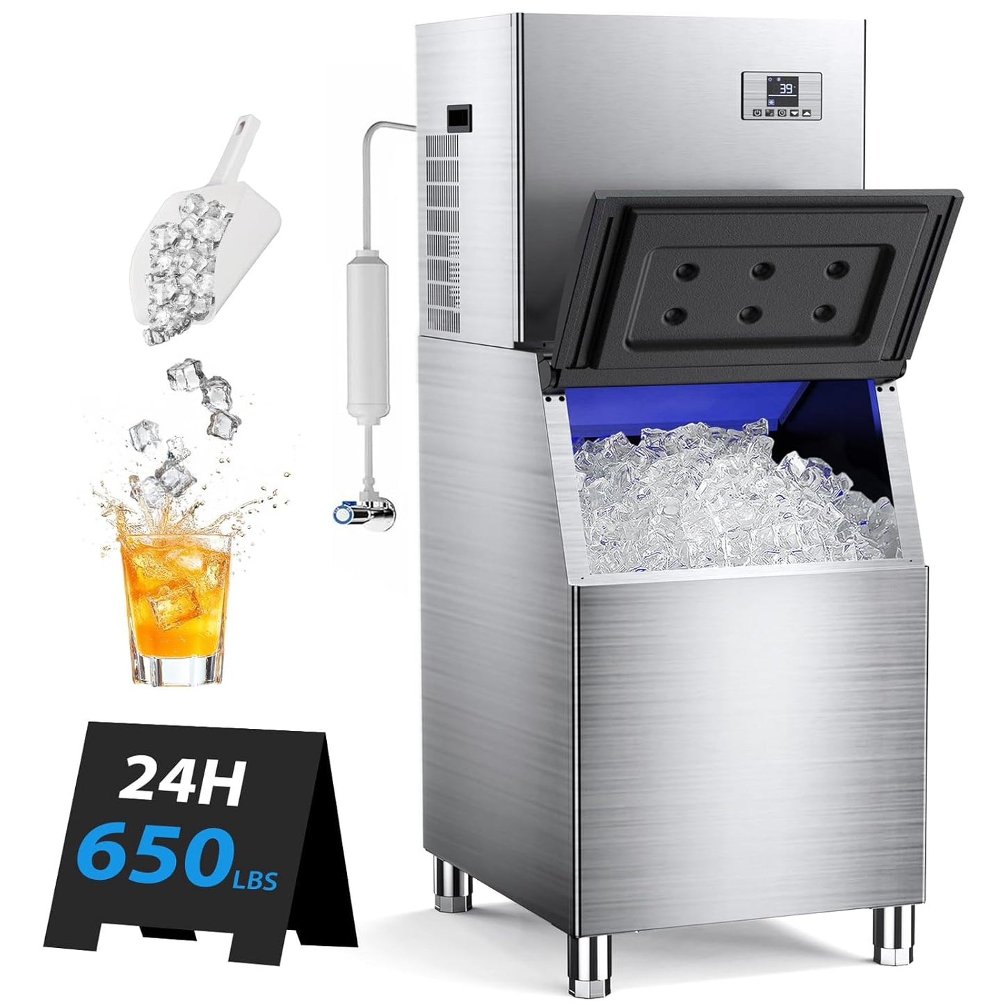 Commercial Ice Machine Maker 650lbs/24H, Large Capacity 400lbs, Stainless Steel Electric Ice Machine with Self Cleaning Function,12 Adjustable Ice Thicknesses