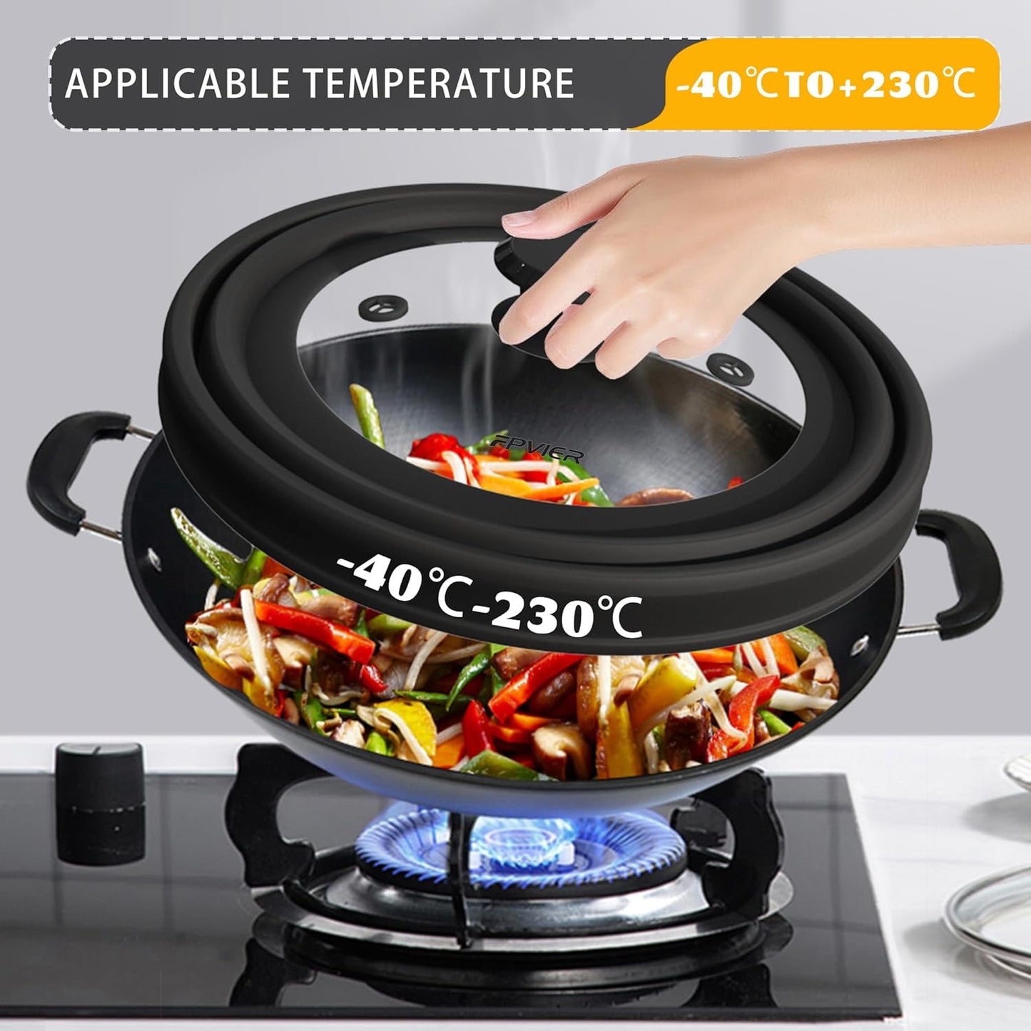 Collapsible Microwave Splatter Cover - Vented Silicone & Glass Lid with Easy-Grip Handle, Fits 6 to 11 Inch Plates & Bowls, 11.8 Inch Diameter, Prevents Splatters & Ensures Even Heating