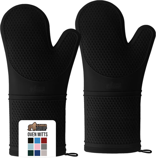 GORILLA GRIP BPA-Free Soft Silicone Oven Mitts, 14.5x8.3, Heat Resistant and Waterproof Cooking Gloves, Thick Cotton Lining, Flexible Gripping for Baking Grilling, Kitchen Potholders Set of 2, Black