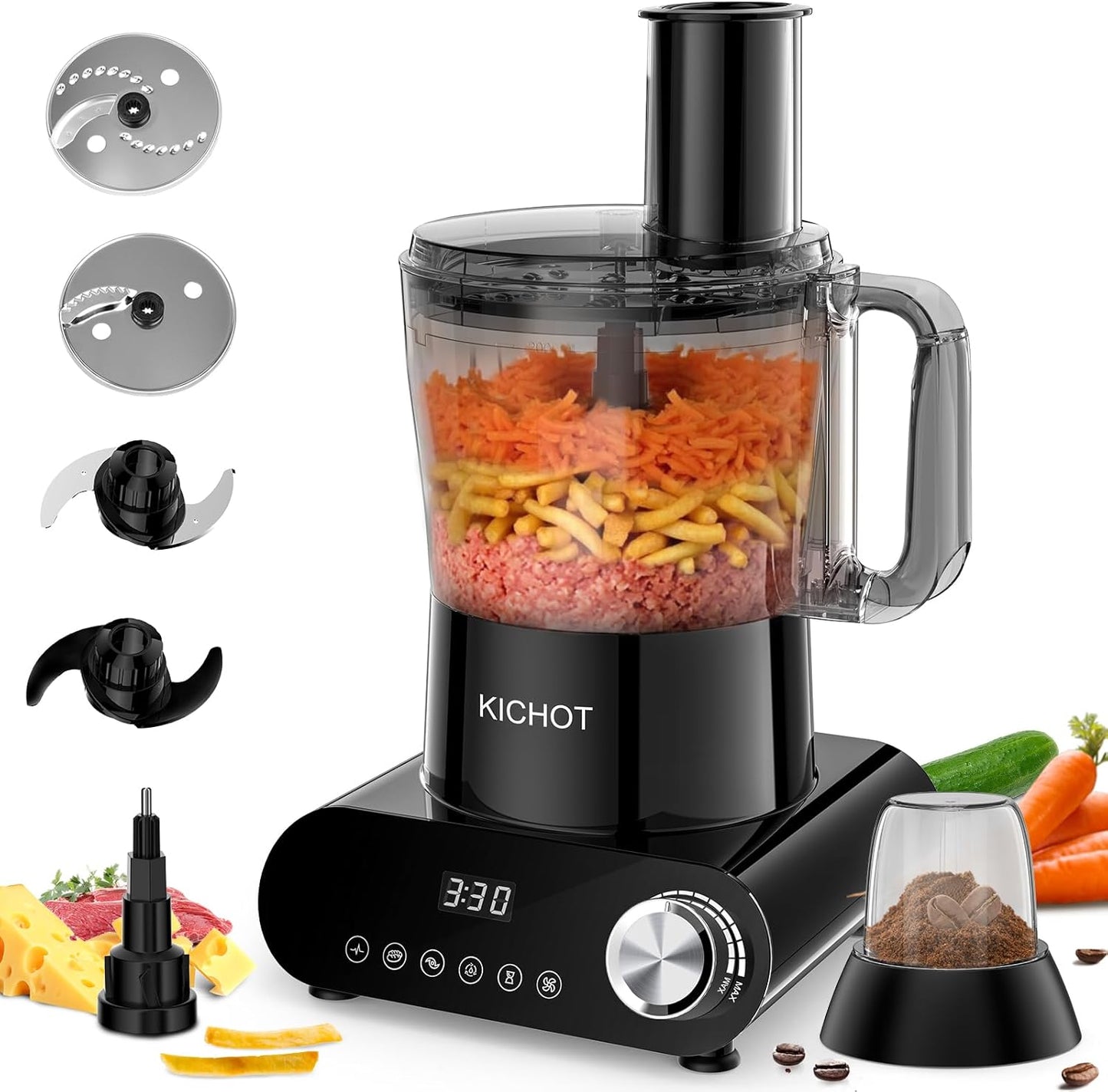 12 Cup Food Processor & Vegetable Chopper,French-Fry-Cutter, Stepless Speed,Digital Timer,Large Feed Chute,Ice Creshing,Chopping, Shredding, Slicing and Doughing,600W for Home Use,Black