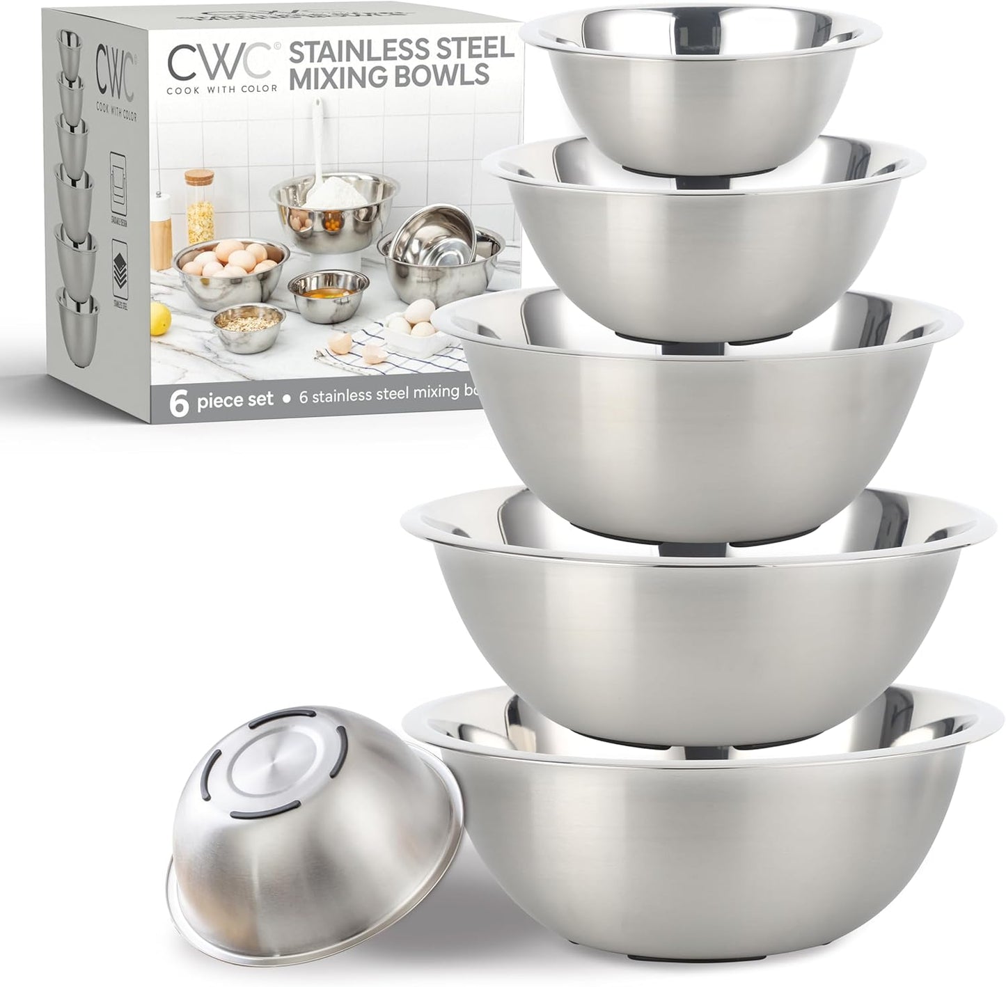COOK WITH COLOR Stainless Steel Mixing Bowls Set - Nesting Bowls, 6 Pieces, Silver with Non Slip Bottom