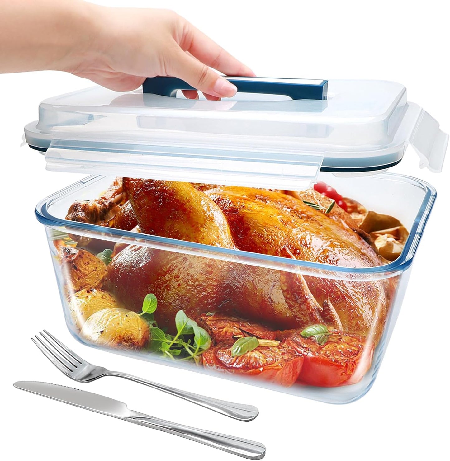 Large Glass Food Storage Container with Airtight Locking Lid ,Glass Food Storage Containers with Knife and Fork, 5600 ML / 189 oz /23 Cup - Storing Rotisserie Chicken, Food, Vegetables, Fruit