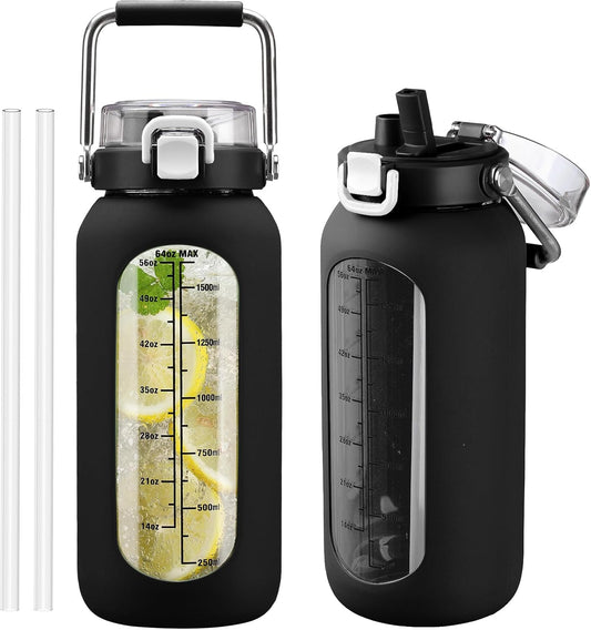 kytffu 64 oz Glass Water Bottle with Straw and Stainless Steel Handle, Half Gallon Water Bottle with Silicone Sleeve and Time Marker, 2L Large Glass Bottle for Gym, School, Travel, Leak-proof (Black)