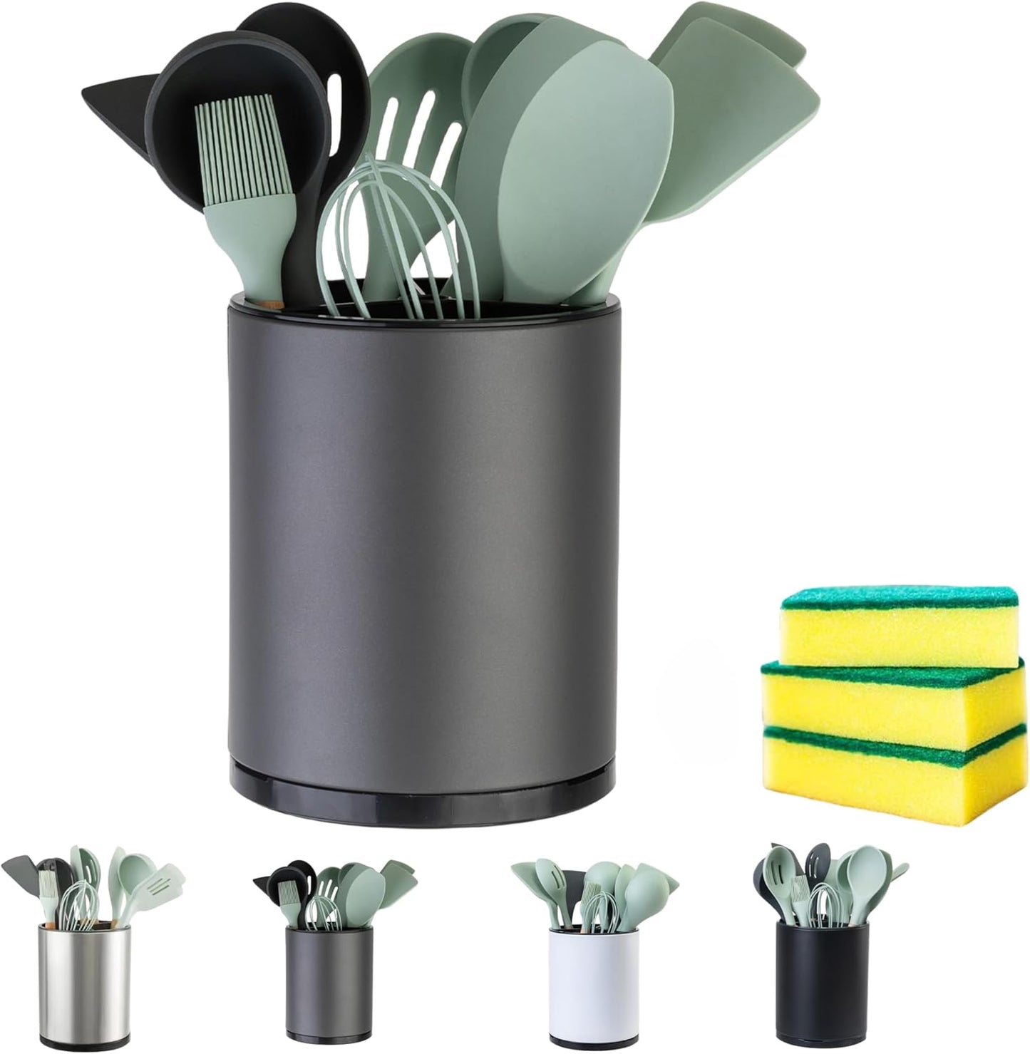 Utensil Holder,4-in-1 Large Kitchen Utensil Holder For Counter,Rotating Silverware Organizer Cooking Flatware Spoon Spatula Tool Cutlery Container Stainless Steel Caddy