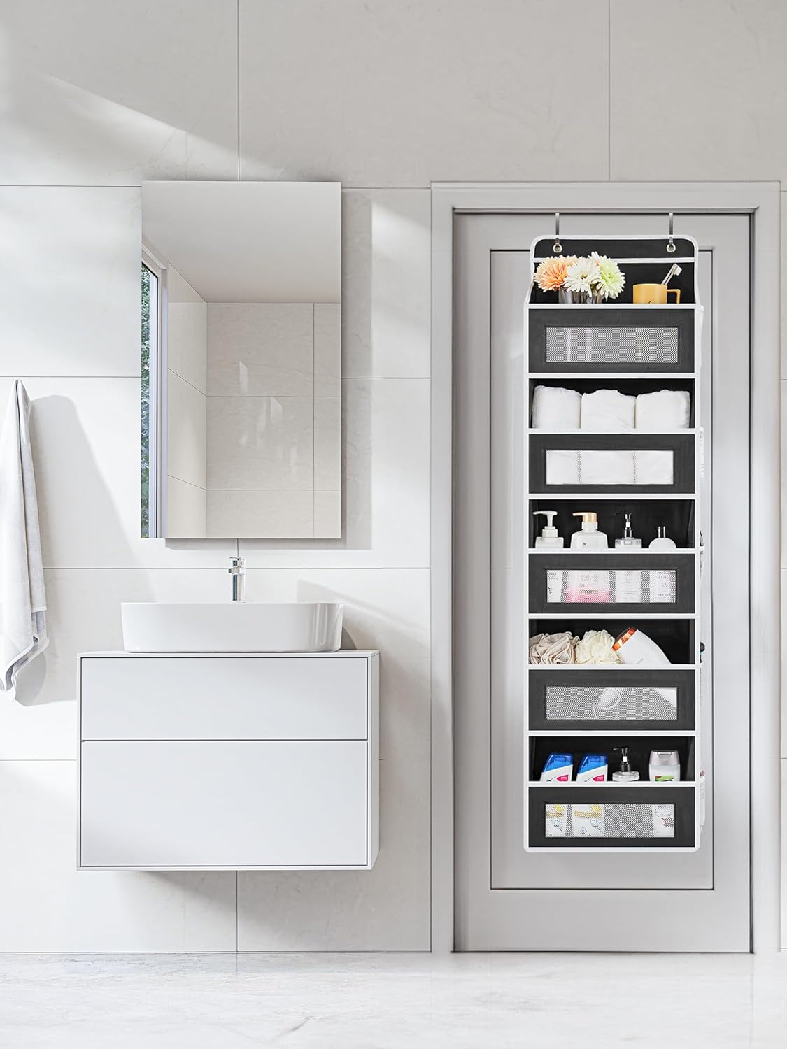 JARLINK Over the Door Organizer Storage, 5 shelf Hanging Organizer with 5 Large Capacity Pockets, Anti Tilt 44 lb Load Behind Door Storage for Bedroom, Bathroom, Pantry, Nursery, (Black)