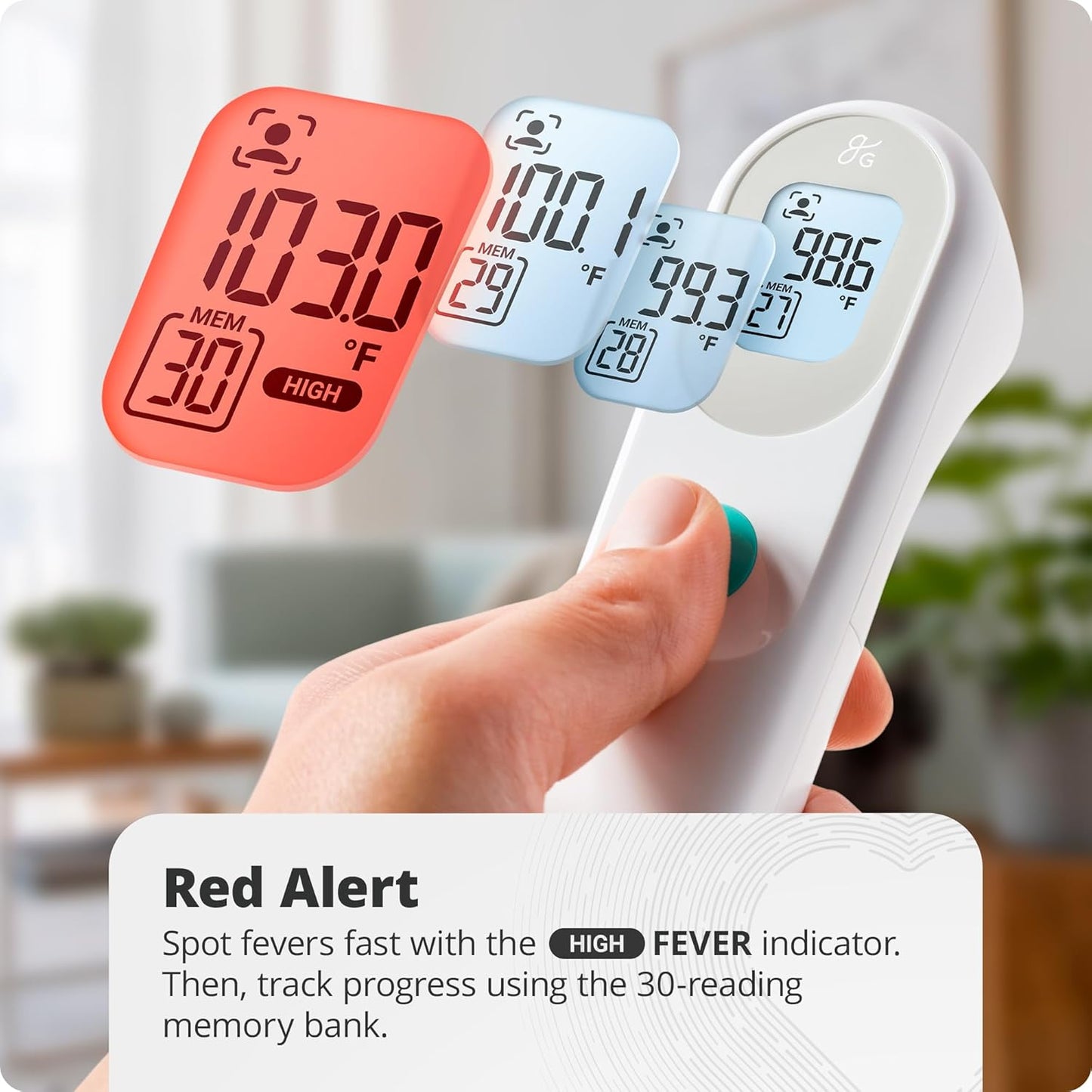 Greater Goods No-Touch Infrared Digital Thermometer for Adults, Kids, and Babies, Forehead Thermometer with Ergonomic Grip, Fever Alarm, White