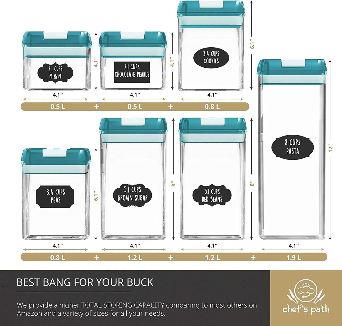 Airtight Food Storage Containers for Pantry Organization & Storage - 7 PC Pantry Organizer Plastic Containers for Food with Flip Lock Lids - Stackable Sugar Container & Food Storage Canisters (Teal)