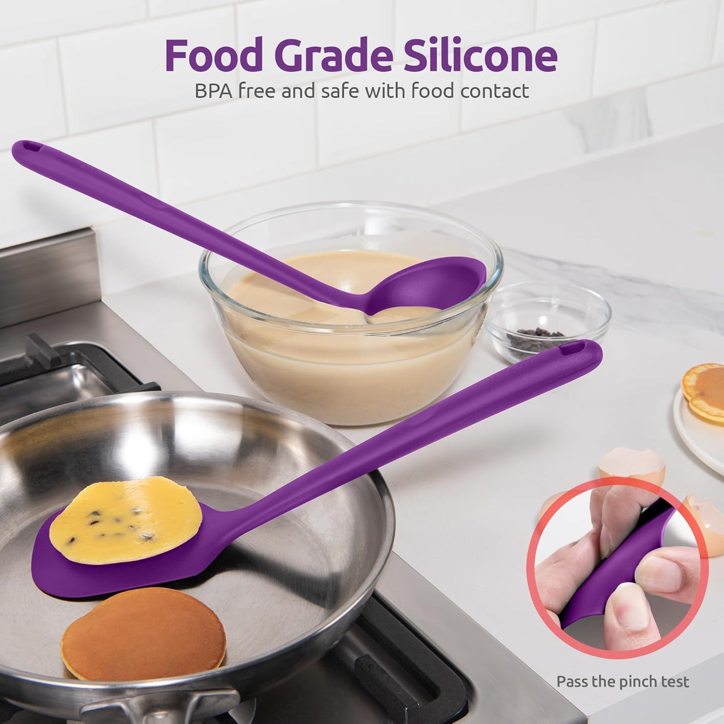 Silicone Kitchen Cooking Utensil Set: U-Taste 600ºF Heat Resistant 13.6in Extra Long Kitchen Tools, Food-Grade Non-Stick Spatula Turner Spoon Ladle for Stir Frying, Serving, Mixing (5 Pieces, Purple)