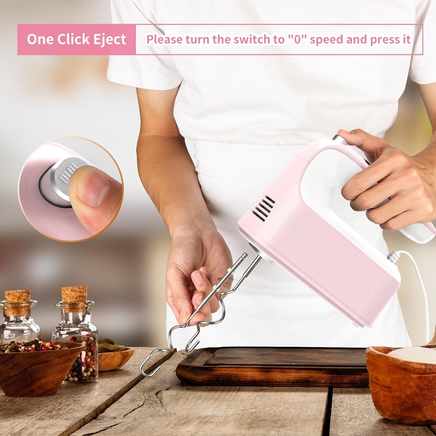 9-Speed Digital Hand Mixer Electric, 400W DC Motor, Hand Mixer electric Handheld with Snap-On Storage Case, Touch Button, Turbo Boost, 5x Stainless Steel Accessories (Pink)