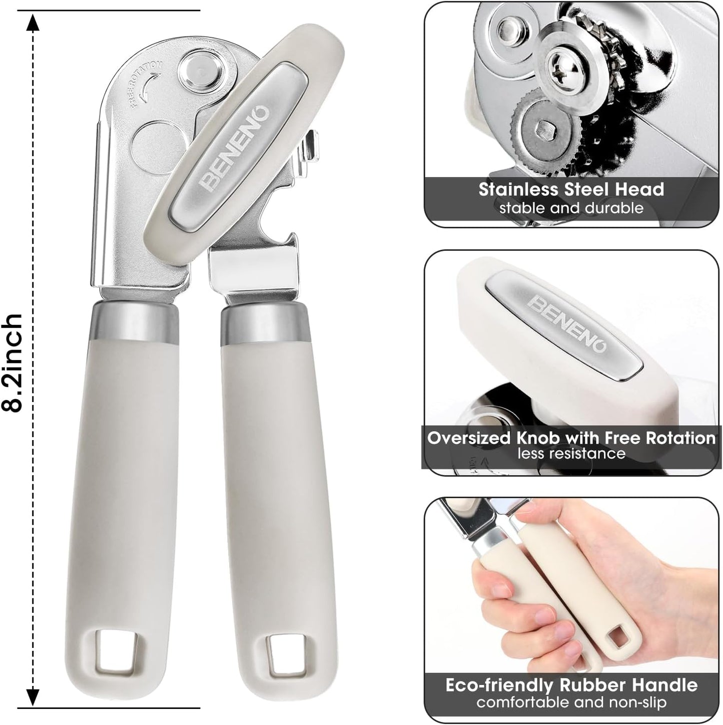 Beneno Can Opener Manual with Magnet, Hand Held Heavy Duty Can Opener with Durable Sharp Blade Smooth Edge, Big Effort-Saving Knob, Soft Grip Rubber Handle, Multifunctional Bottle Opener, Beige