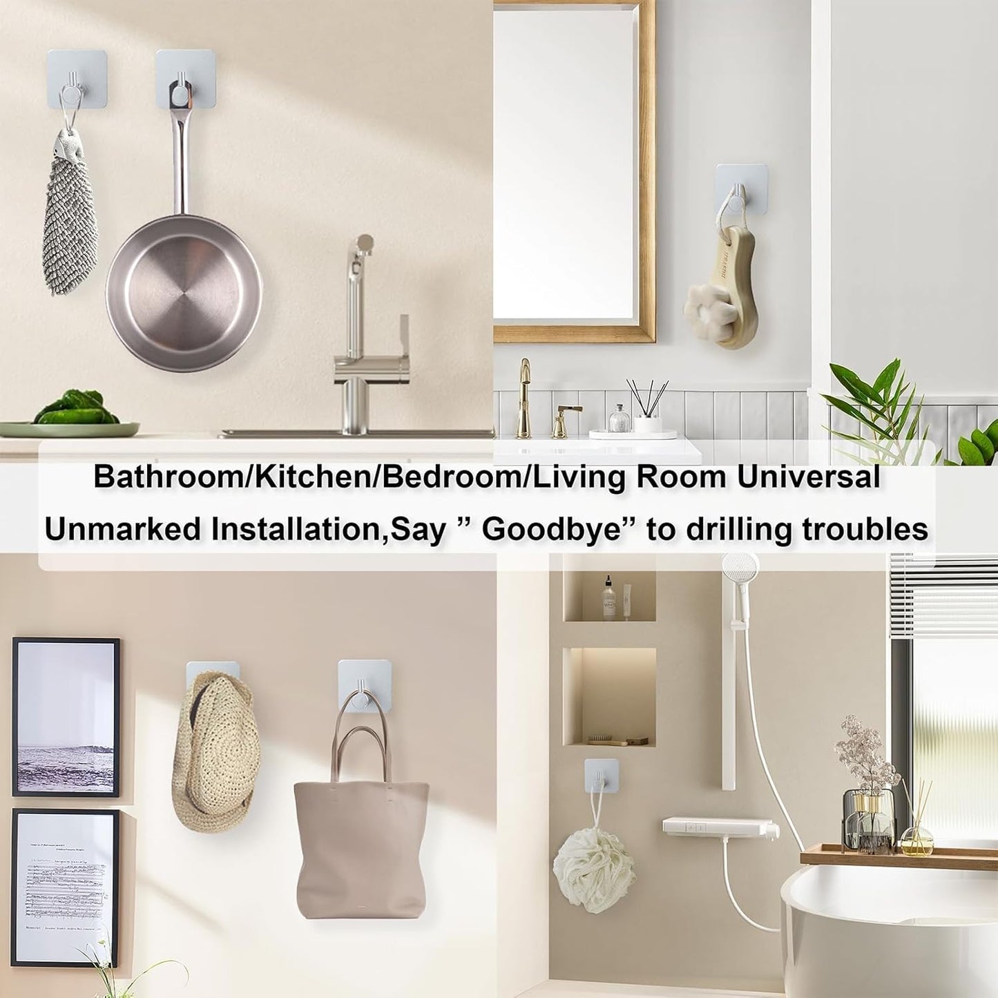 Aluminum Wall Hooks, No Drill Damage-Free Adhesive Hook, Product for Hanging Heavy Duty for Bathroom Kitchen Home (Single Square Sliver Hook, 4)