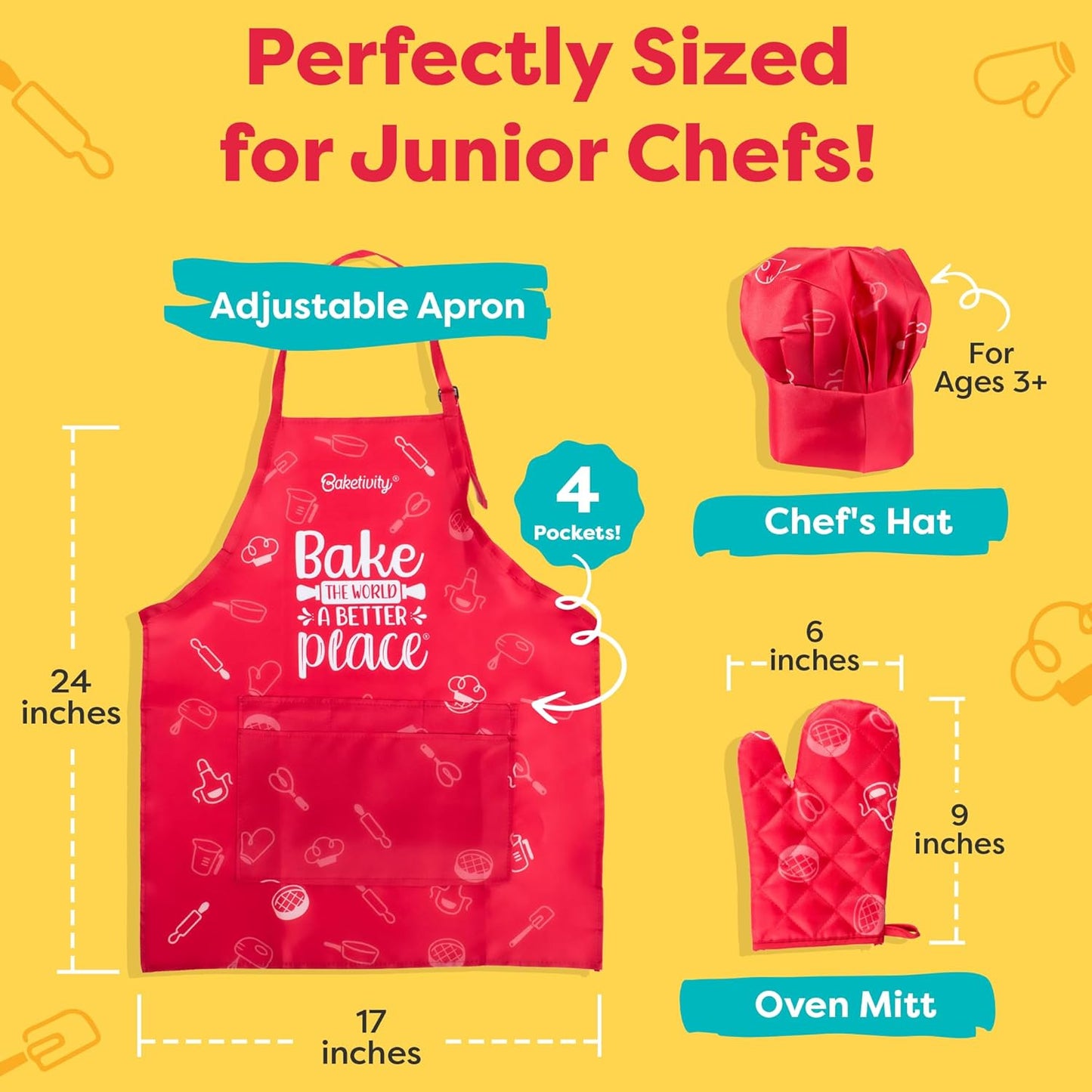Baketivity Kids Chef Hat and Apron Set for Boys & Girls - One Size Fits All (Adjustable) - Premium, Washable Apron and Hat Set for Cooking - Young Chefs & Junior Bakers Chef Outfit for Kids