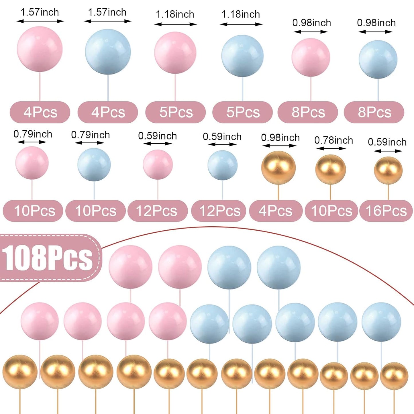 108 Pcs Balls Cake Topper DIY Cupcake Insert Foam Balloons for Cake Baking Wedding Anniversary Birthday Decoration(Pink, Blue, Gold,Multi Sizes)