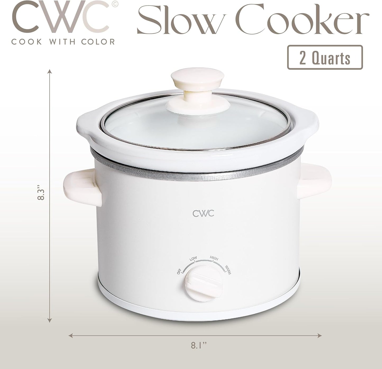 COOK WITH COLOR 2QT Mini Electric Round Slow Cooker - Adjustable Settings, Removable Stoneware Pot, Tempered Glass Lid, Dishwasher Safe, Cool-Touch Side Handles, Cream