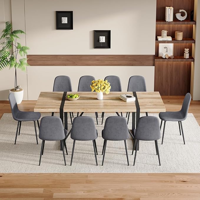 86.6" Dining Table Set for 10, Modern 11 Piece Wood Kitchen Table and Chairs Set, Large Rectangle Dining Table with 10 Linen Fabric Upholstered Chairs, Perfect for Family Gatherings and Dining Room