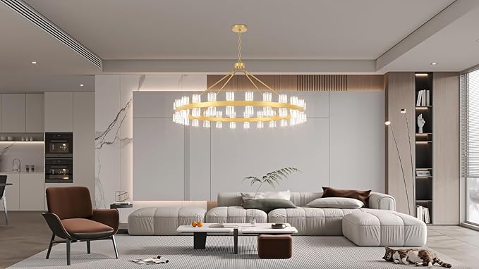 48 Inch Gold Wagon Wheel Chandelier with Crystal Shade, 48 Lights, Modern Farmhouse Style, Ideal for Dining Room, Kitchen, Entryways