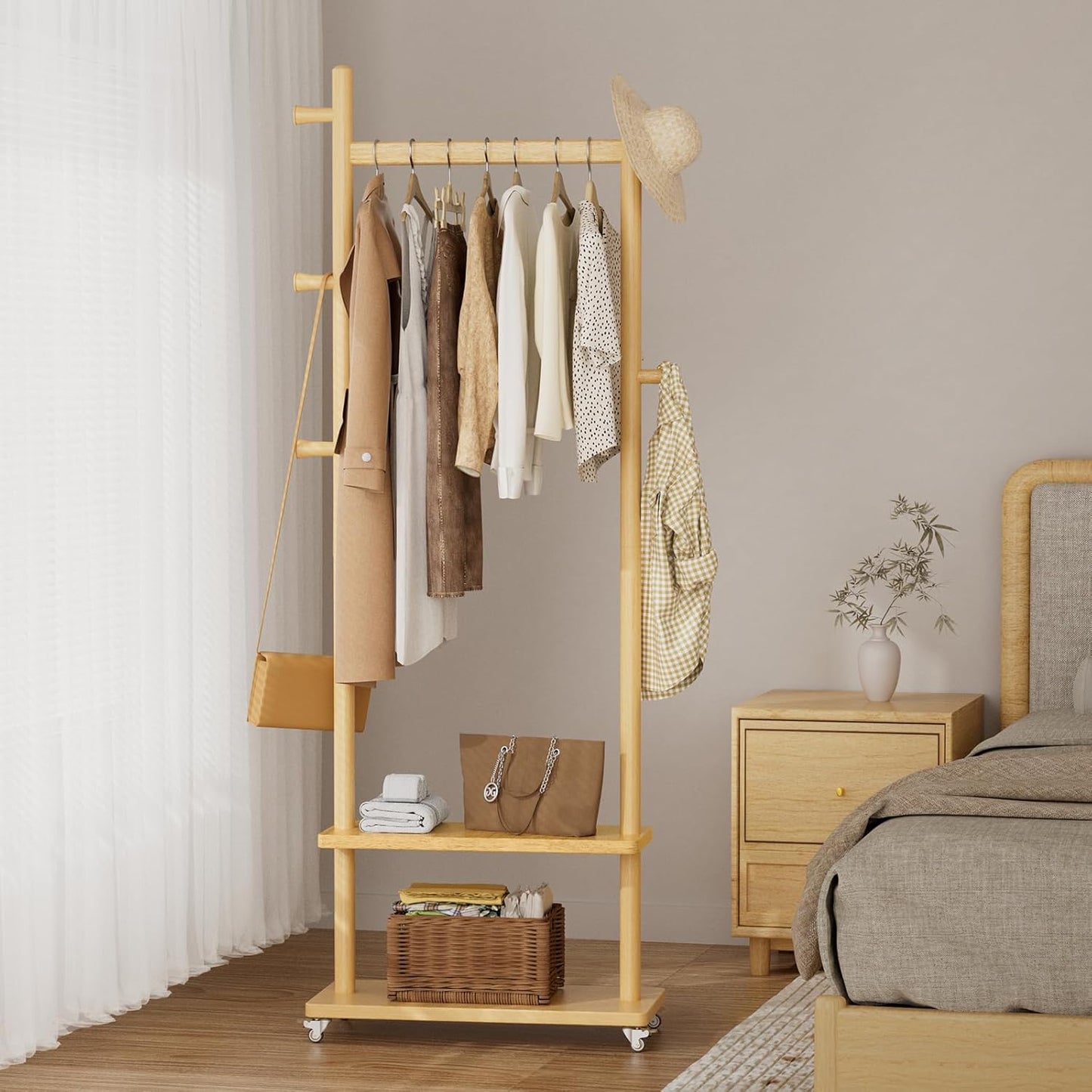 Coat Rack Freestanding Clothing Rack with Wheels & 2 Shelves Storage & 5 Hooks Heavy Duty Clothes Rack Wood Coat Tree Stand Hat Hanger Rack for Corner Bedroom Entryway Living Room Hotel Size L