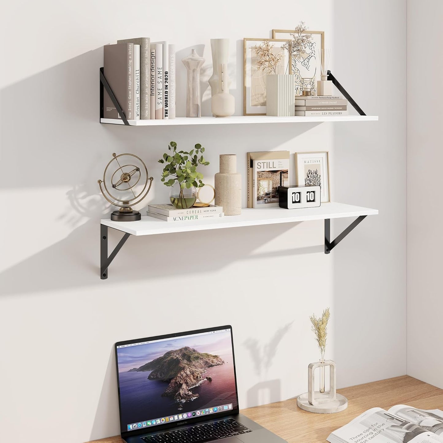 Heimlove White Deep Floating Shelves for Wall, 30W x 8D Wood Wall Shelves Set of 2, Wide Floating Bookshelf for Living Room, Kitchen, Office, Bedroom and Decor Storage, with Black Bracket - White