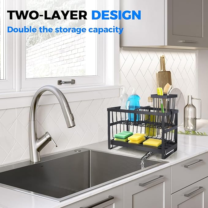 2-Tier Sponge Holder for Kitchen Sink,Self Drain Sink Caddy with Brush Holder, Countertop Accessory for Sponges, Brushes and Dish Rags,Kitchen Countertop Organizers and Storage Essentials