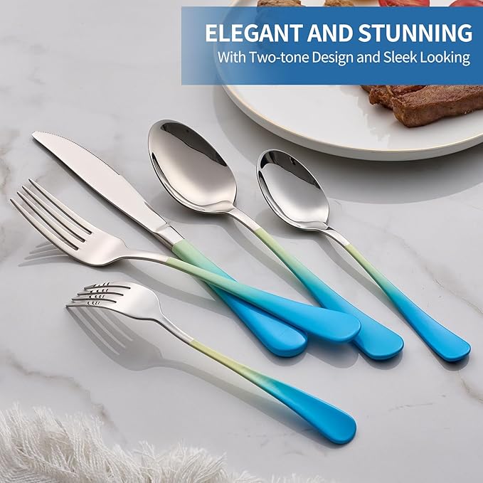 20-Piece Yellow&Blue Silverware Set, 18/0 Stainless Steel Colorful Handle Flatware Set, Service for 4, Modern Cutlery Set Includes Dinner Knives Forks Spoons, Mirror Polished, Dishwasher Safe
