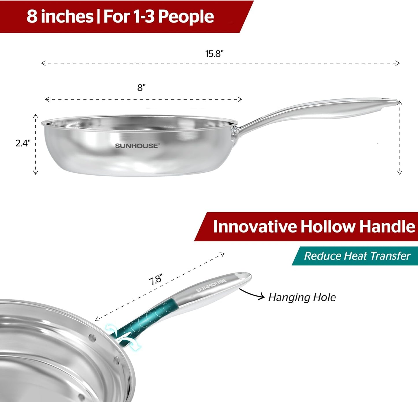 Sunhouse 8 Inch 18/10 Chef Series Stainless Steel Frying Pan, Tri-Ply Stainless Steel Construction, PFOA-FREE, Stay-Cool Handle, Induction Compatible