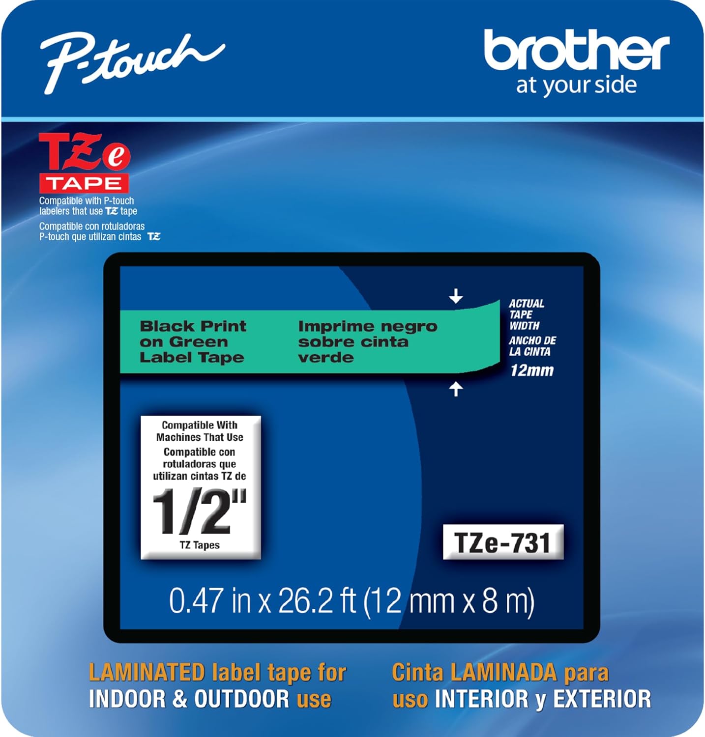 Brother Genuine P-touch, TZe-731CS, 0.47” x 26.2’, Black on Green Laminated Label Tape