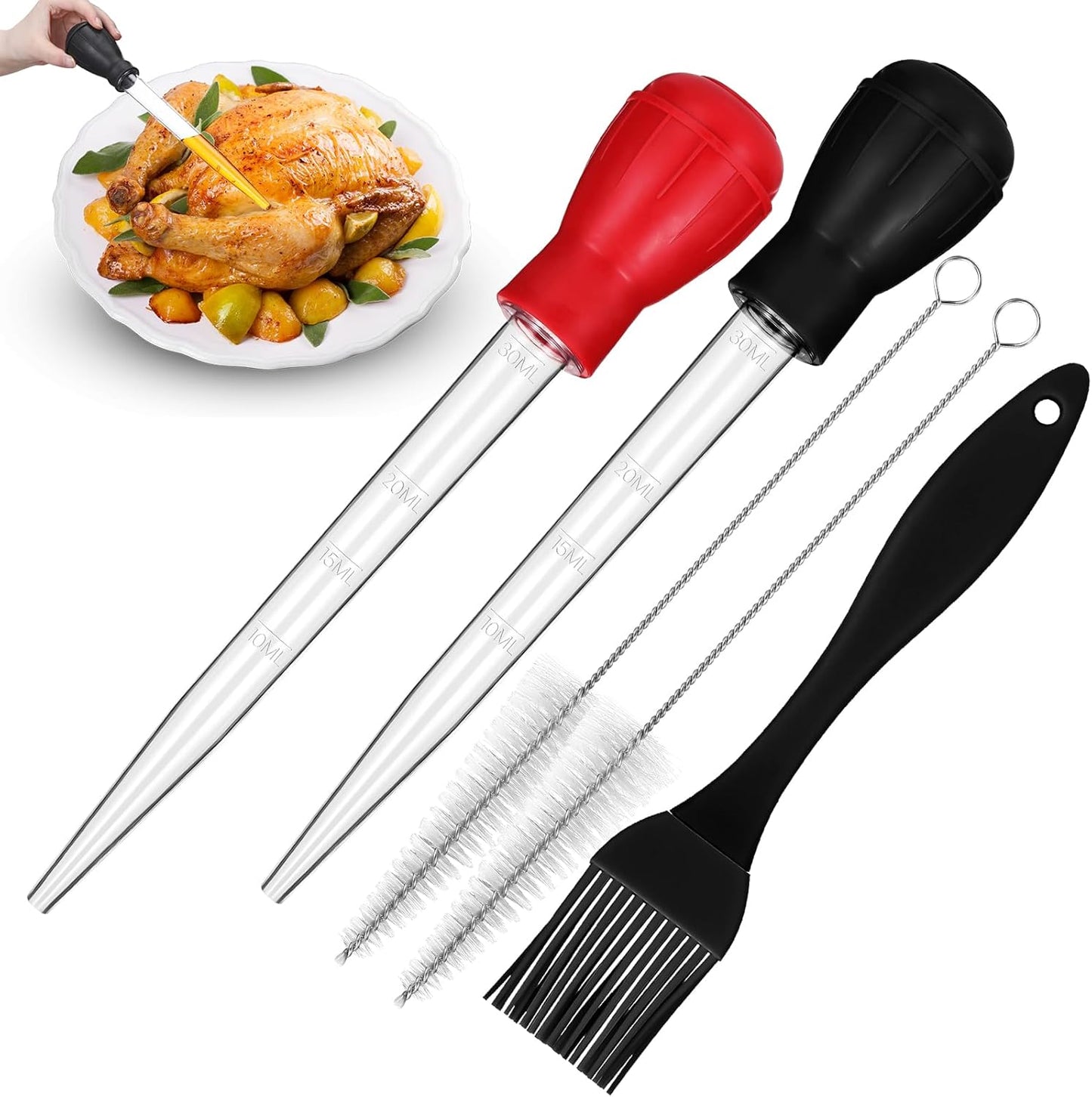 Boao 5 Pieces Nylon Heat-Resistant Turkey Baster Cooking Set Includes Meat Baster, 1 Silicone Basting Brush and 2 Cleaning Brush for BBQ Grill Baking Kitchen Cooking (Black, Red)