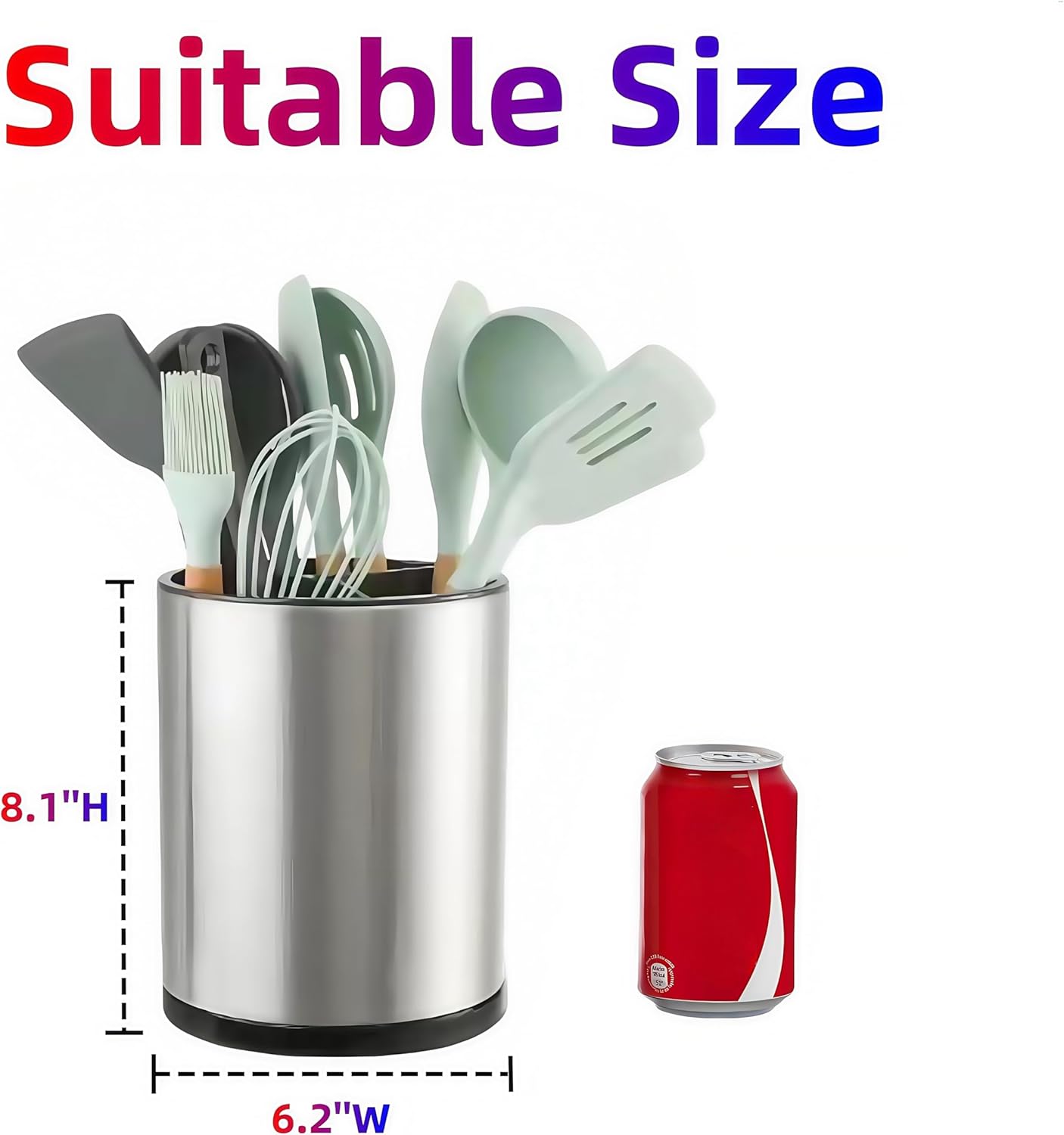 Kitchen Utensil Holder Extra Large 360°Rotating For Counter Organizer Stainless Steel Storage Cooking Silverware Caddy 3 Compartment Flatware Spoon Spatula Tool Cutlery Container（Silvery）