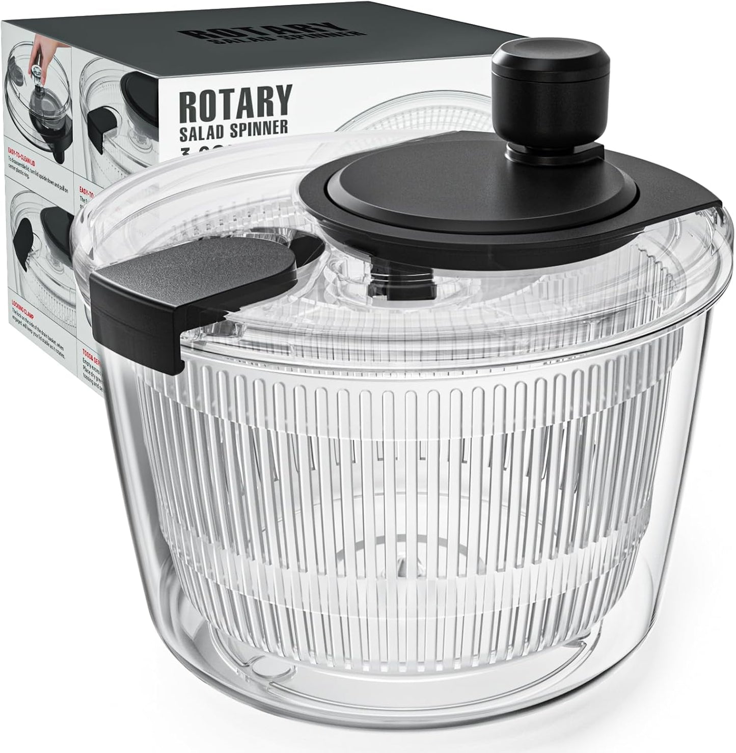 Cambom Salad Spinner Lettuce Spinner, Wash, Spin & Dry Salad Greens, Vegetable Washer Salad Dryer With Rotary Handle for Fruits & Vegetables, High Efficiency Vegetable Spinner Kitchen Gadget 3Qt Black