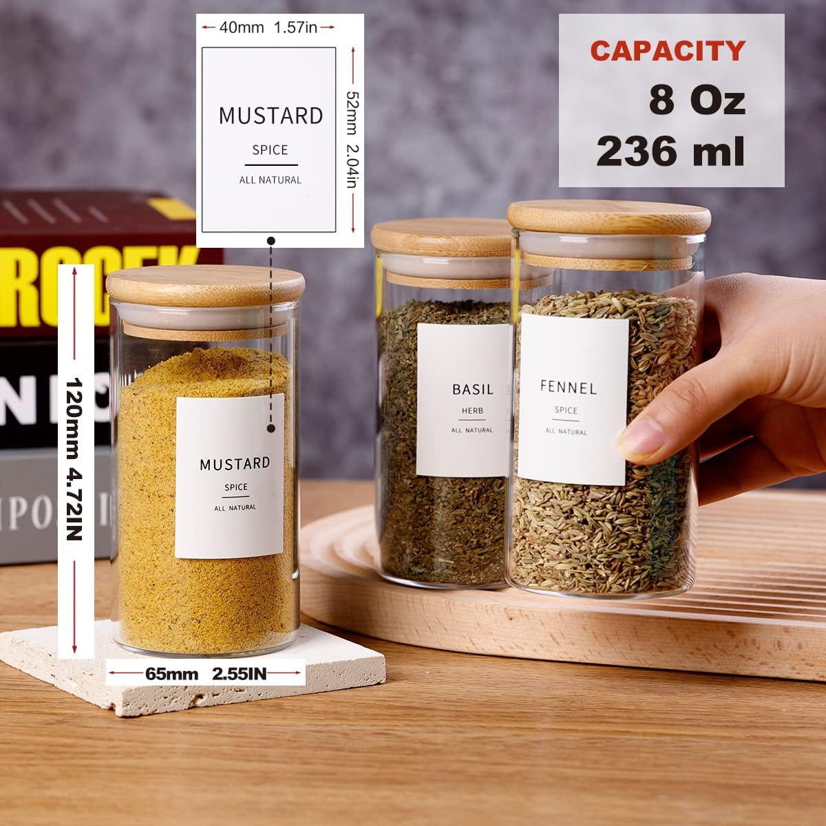 12 Pcs Glass Spice Jars With Bamboo Airtight Lids, 8oz Thicken(2.4mm) Spice Containers With 148 Minimalist Preprinted Waterproof Spice Labels, Kitchen Empty Small Storage Jars For Seasoning, Herb