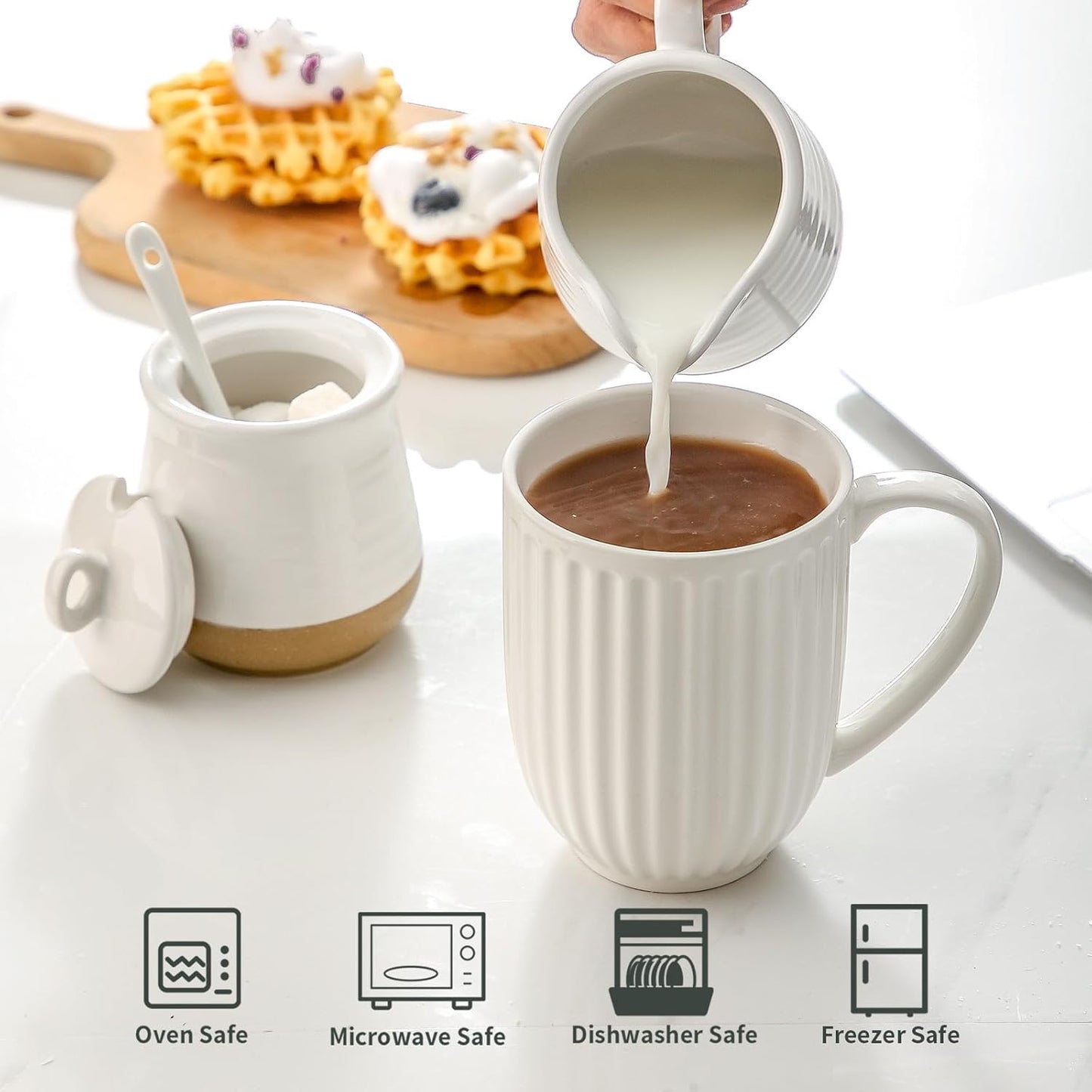 Hasense Ceramic Sugar and Creamer Set, Sugar Bowl with Lid and Spoon, Cream Pitcher, Cute Coffee Serving Set for Wedding Gift and Home Decor, Dishwasher Safe, White