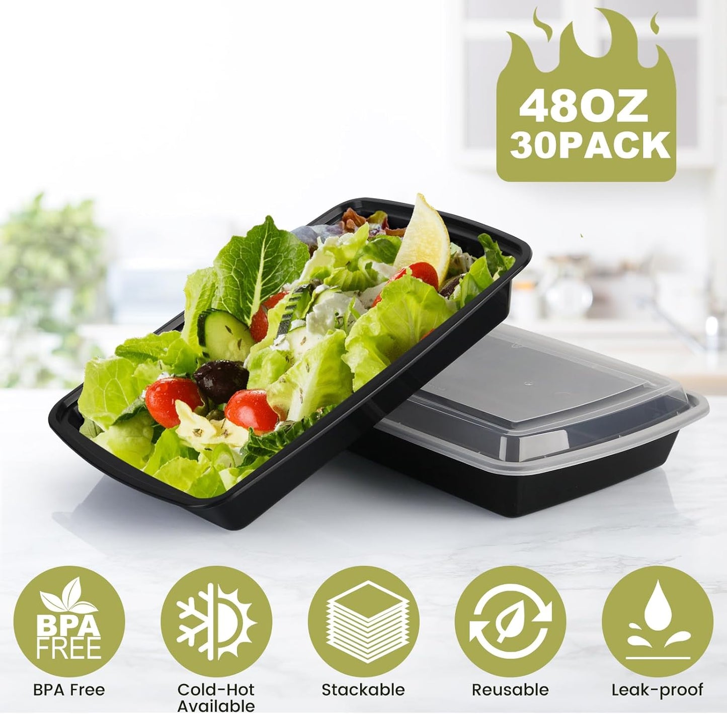 Meal Prep Containers Reusable - 48oz Food Storage Containers with Lids 30 Pack, To Go Food Containers for Meal Prep, Disposable To Go Container with Lids, BPA Free, Microwave/Dishwasher/Freezer Safe