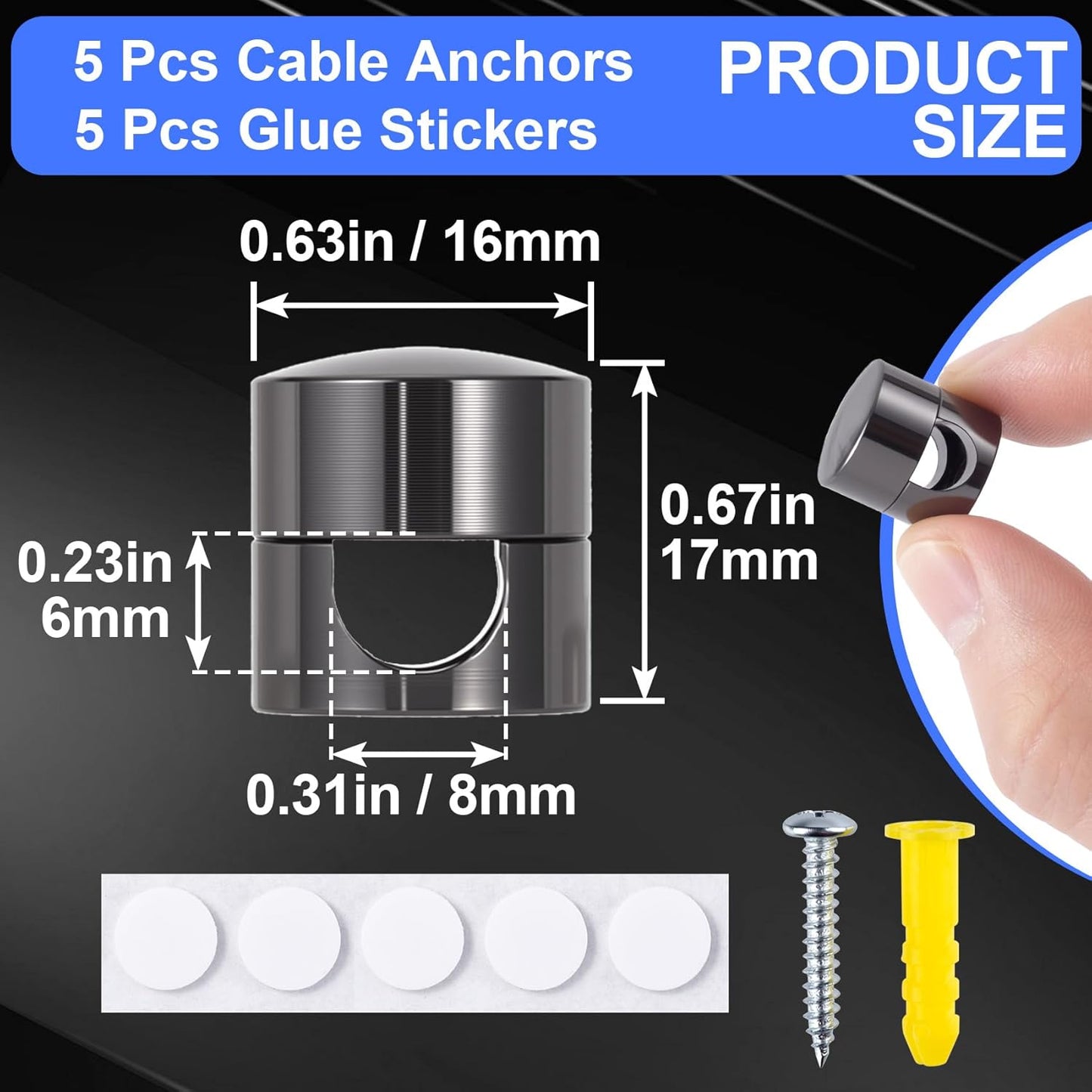 5 Sets Charger Holders for Cords, Black Adjustable Cable Anchor Holders, Adhesive Metal Cord Clips, Cable Management Wire Organizers for Desk, Office, Nightstand