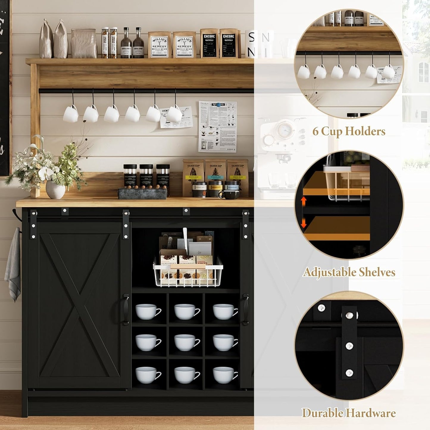 4ever2buy Farmhouse Coffee Bar Cabinet with Storage, 47'' Buffet Cabinet with Hutch and Sliding Barn Door, Coffee Bar with 9 Wine Racks and 6 Hooks for Dining Room, Living Room, Black