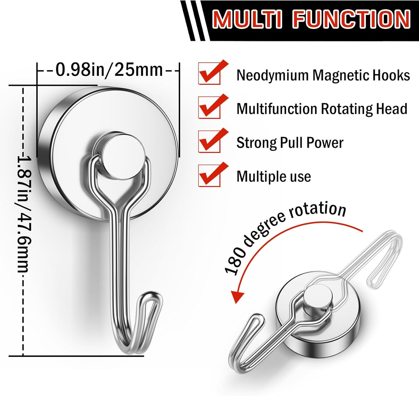 FINDMAG Magnetic Hooks, 60lbs+ Magnetic Hooks for Cruise Ship Essentials, Rare Earth Magnet Hooks Heavy Duty for Hanging, Magnetic Hanger for Garage, Grill, Fridge, Toolroom, Workplace, 6 Pack, Silver