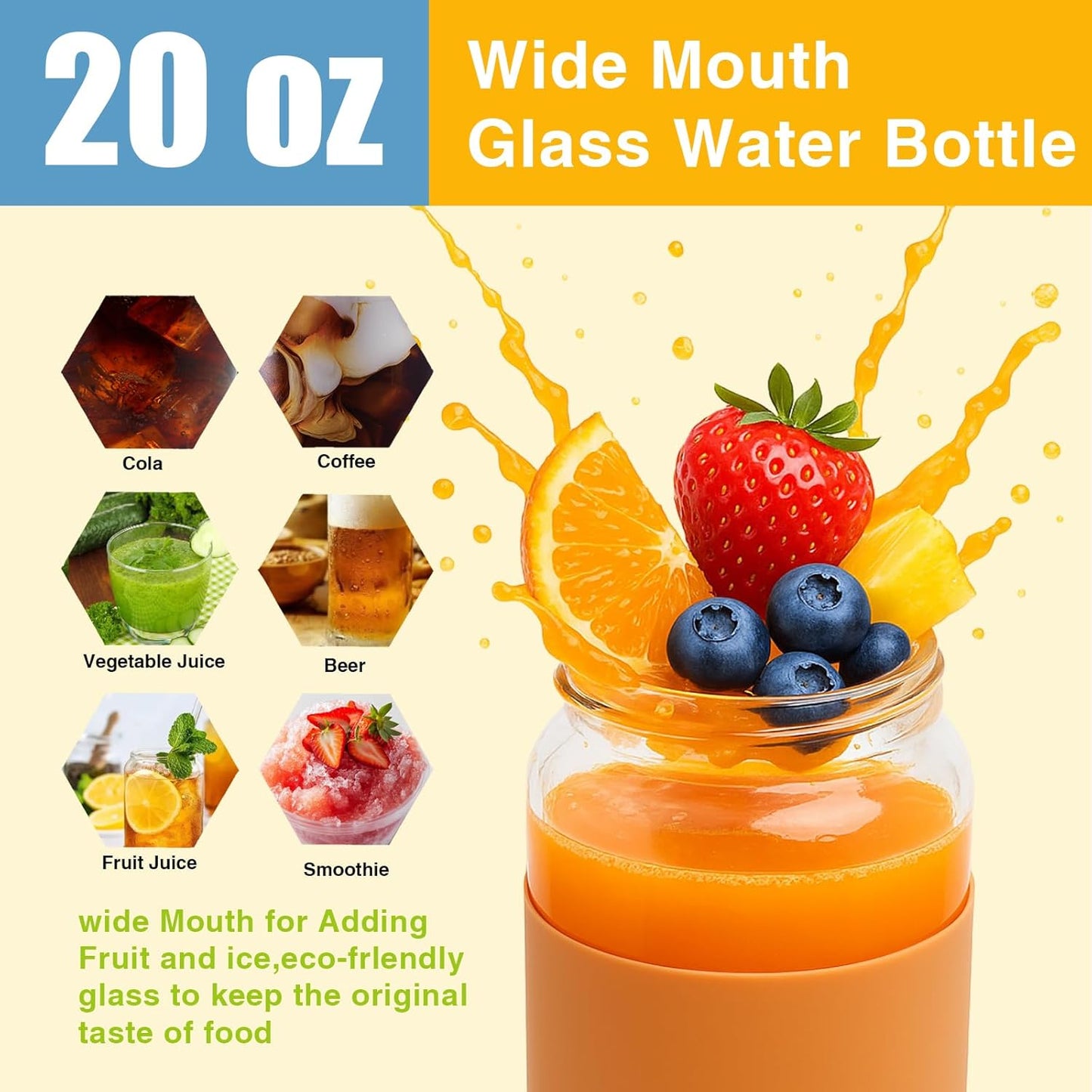 Tronco 20oz Glass Water Bottles with Bamboo Lid & Silicone Sleeve, Leak Proof, BPA Free, Reusable Borosilicate Glass Bottles for Juicing, Smoothies, Juice & Water, for Men & Women Gym, Office, Travel