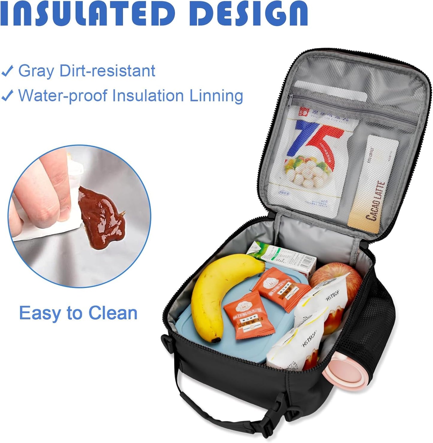 Initial Insulated Lunch Bag for Boys Kids, Back to School Gift, Reusable Leak-proof Lunch Box with Adjustable Strap for School Daycare Travel Picnic（Black，F）