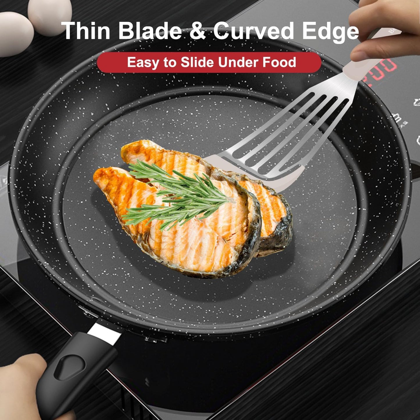 Beijiyi Silicone Fish Spatula Set, 2-Piece Heat Resistant Fish Turner Spatula for Non Stick Frying Pan, Flexible Kitchen Cooking Utensils, Slotted Egg Flipper, Large 12.3 In, Small 10.6 In, Khaki